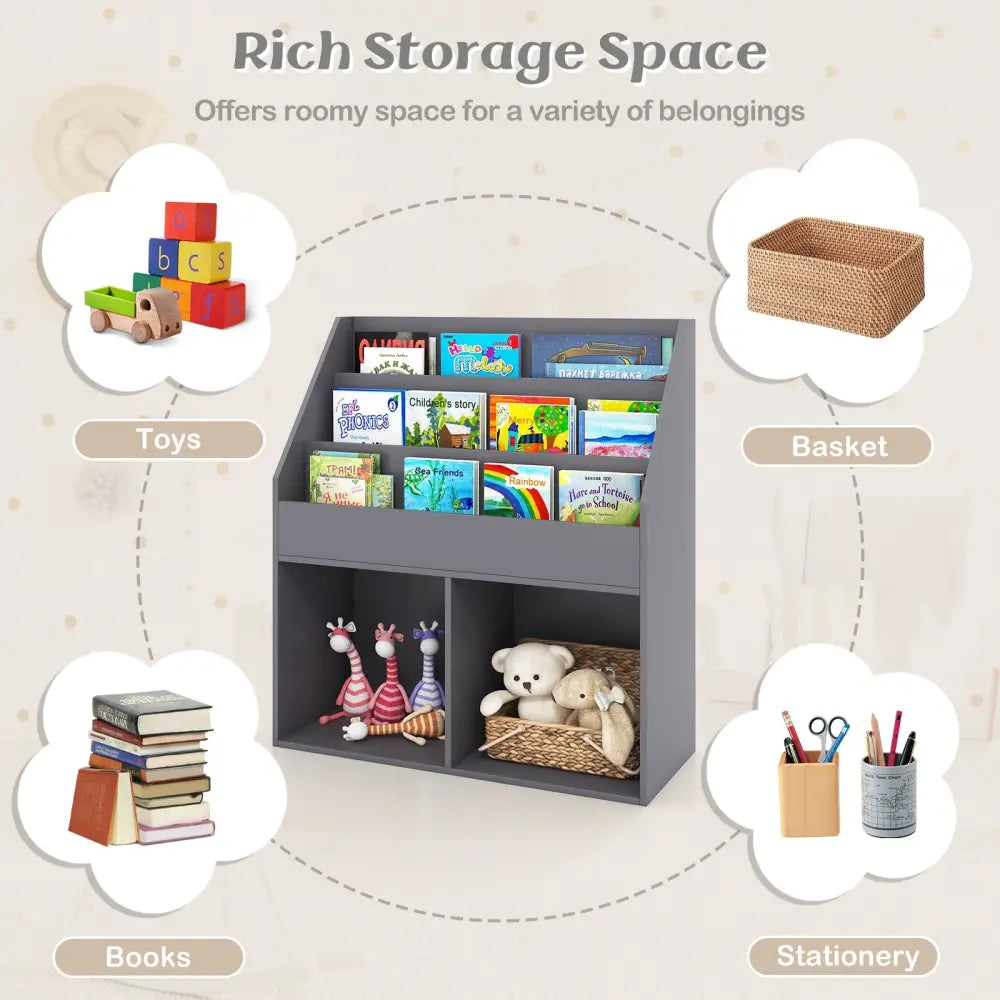 Kids Wooden Bookshelf Bookcase Children Toy Storage Cabinet Organizer-Gray - Gray - Kids Storage