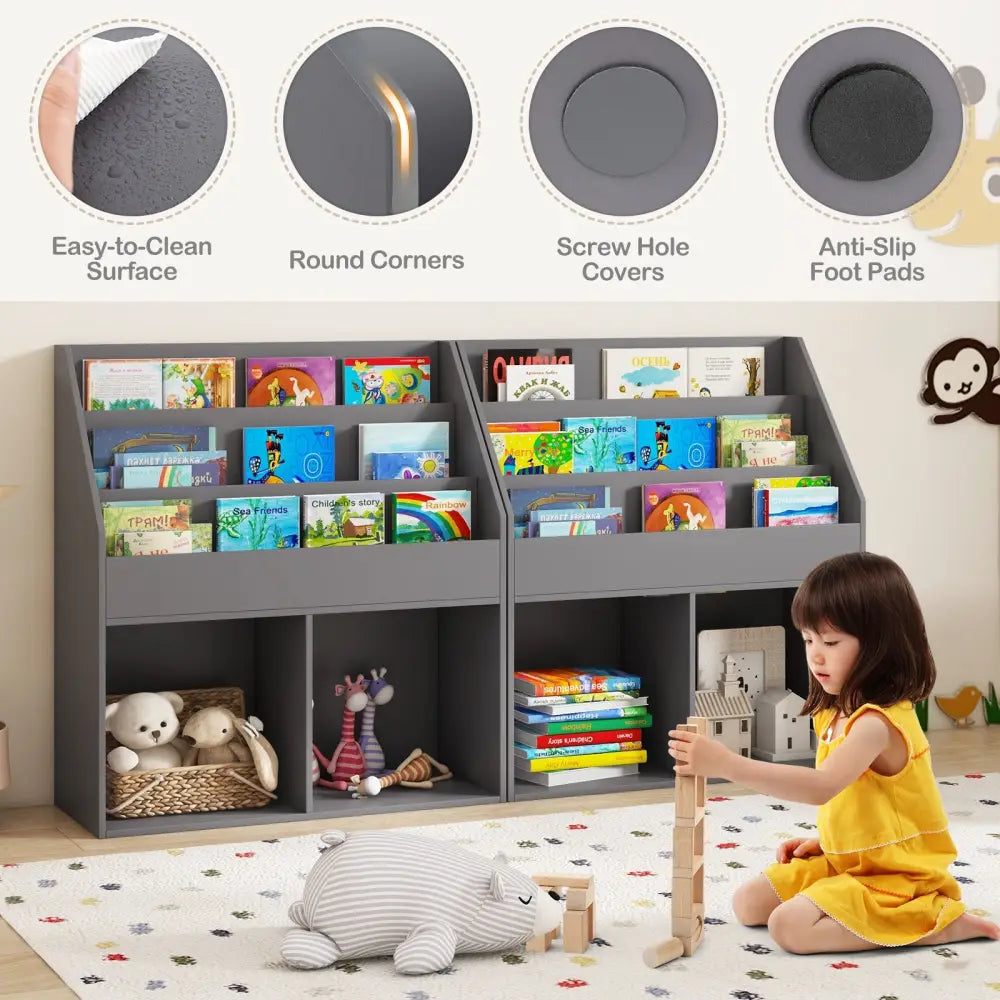 Kids Wooden Bookshelf Bookcase Children Toy Storage Cabinet Organizer-Gray - Gray - Kids Storage