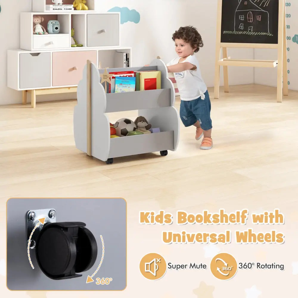 Kids Wooden Bookshelf with Universal Wheels-Gray - Gray - Kids Storage
