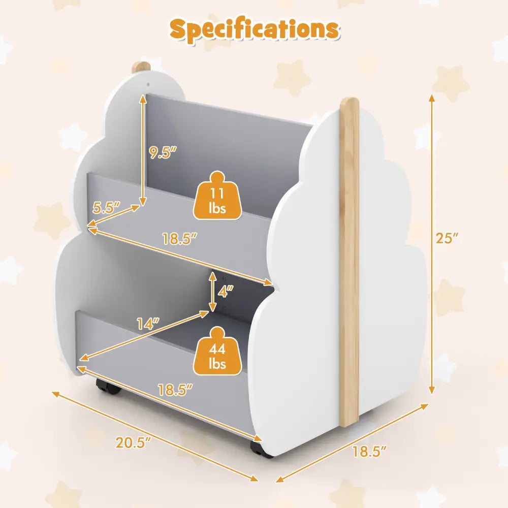 Kids Wooden Bookshelf with Universal Wheels-Gray - Gray - Kids Storage