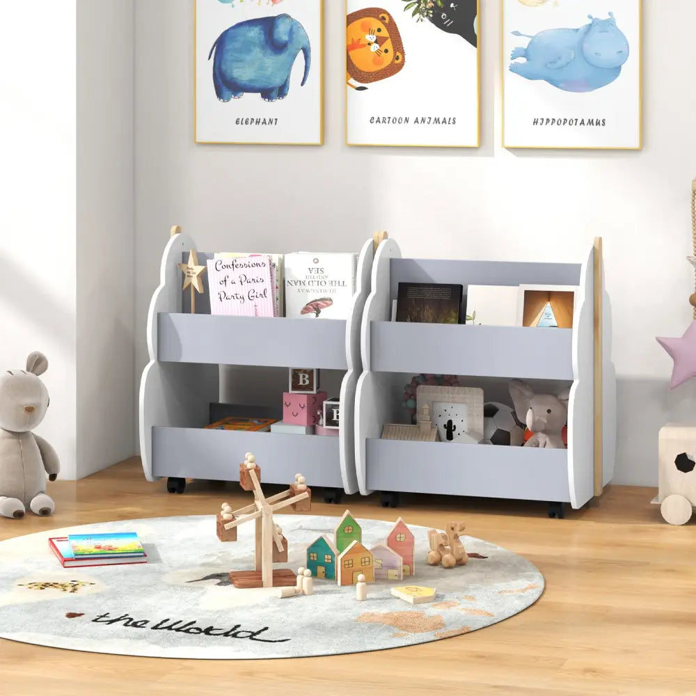 Kids Wooden Bookshelf with Universal Wheels-Gray - Gray - Kids Storage