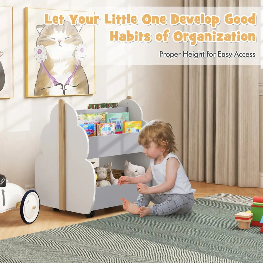 Kids Wooden Bookshelf with Universal Wheels-Gray - Gray - Kids Storage