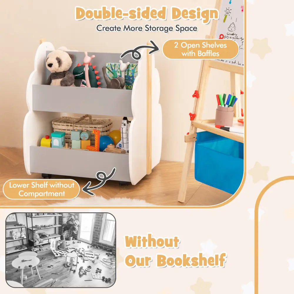 Kids Wooden Bookshelf with Universal Wheels-Gray - Gray - Kids Storage