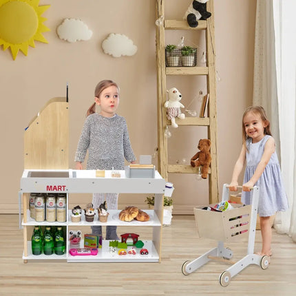 Kids Wooden Grocery Store Playset with Cart for Pretend Supermarket Fun - Oasis Home Essentials