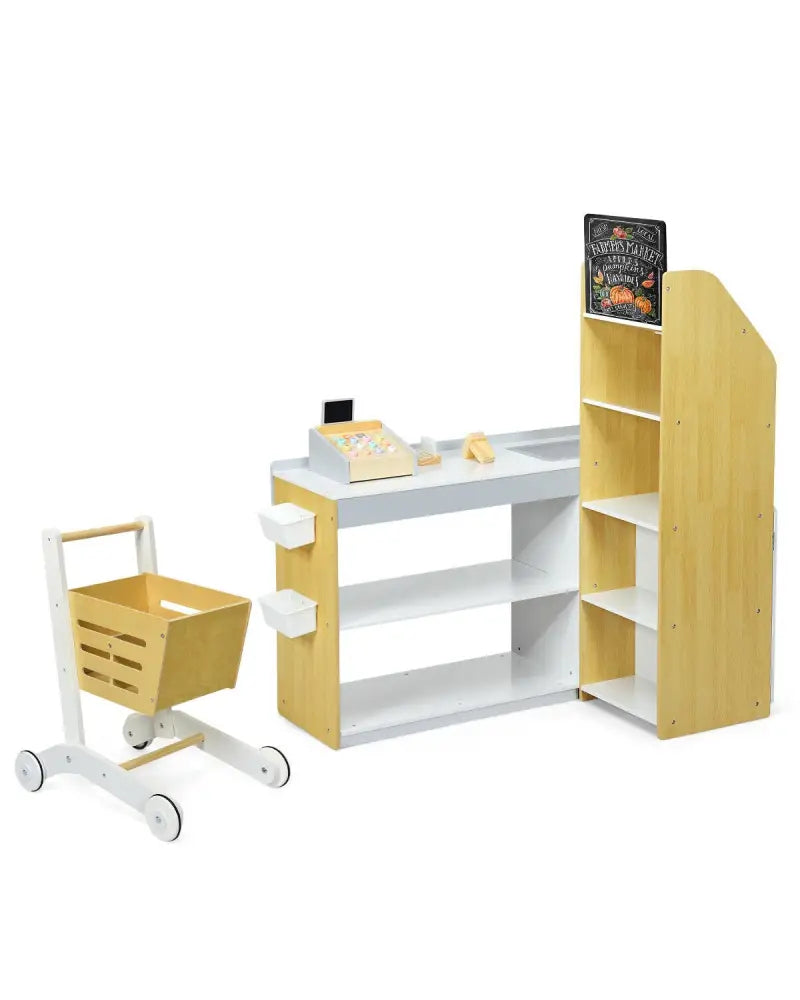 Kids Wooden Grocery Store Playset with Cart for Pretend Supermarket Fun - Natural - Play Kitchen Sets