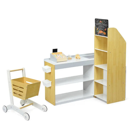 Kids Wooden Grocery Store Playset with Cart for Pretend Supermarket Fun - Oasis Home Essentials
