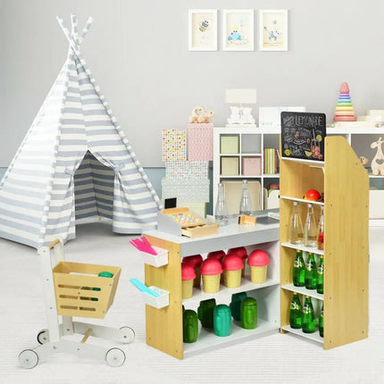 Kids Wooden Grocery Store Playset with Cart for Pretend Supermarket Fun - Oasis Home Essentials