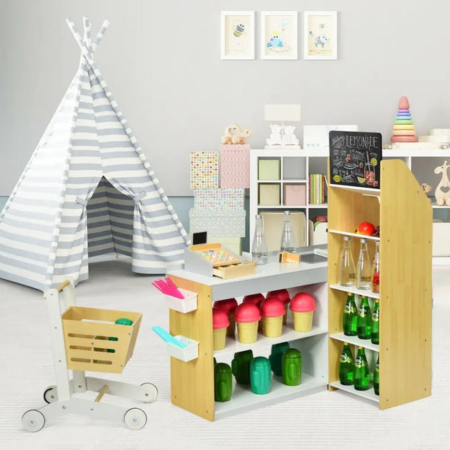 Kids Wooden Grocery Store Playset with Cart for Pretend Supermarket Fun - Oasis Home Essentials
