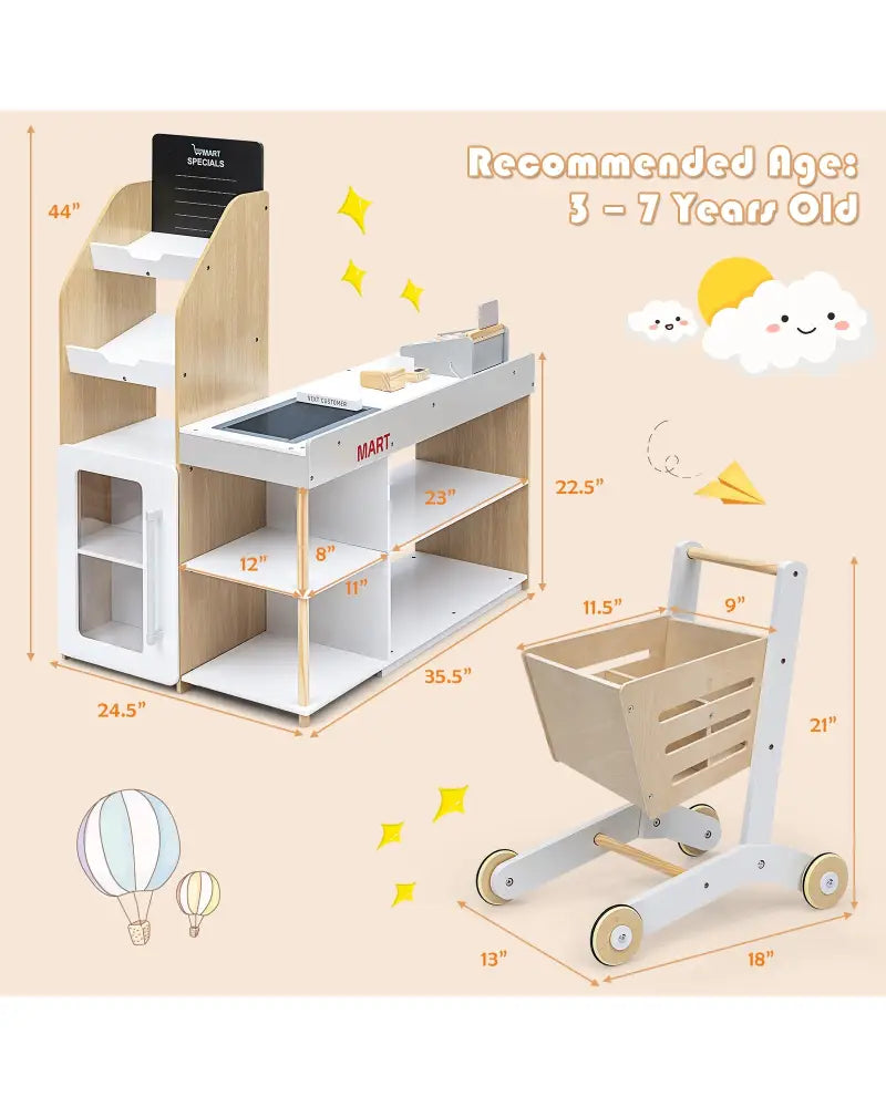 Kids Wooden Grocery Store Playset with Cart for Pretend Supermarket Fun - Natural - Play Kitchen Sets