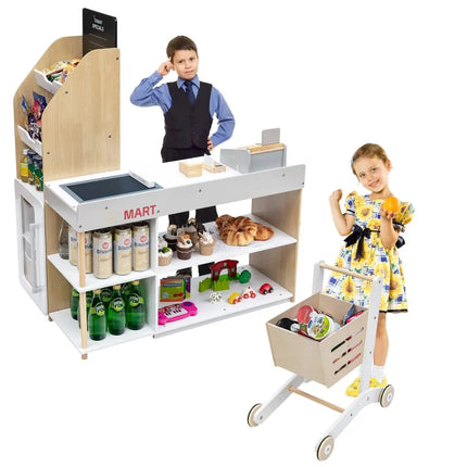 Kids Wooden Grocery Store Playset with Cart for Pretend Supermarket Fun - Oasis Home Essentials