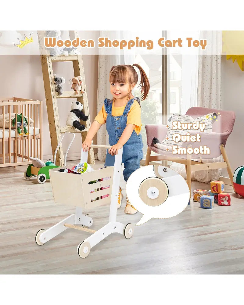 Kids Wooden Grocery Store Playset with Cart for Pretend Supermarket Fun - Natural - Play Kitchen Sets