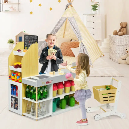 Kids Wooden Grocery Store Playset with Cart for Pretend Supermarket Fun - Oasis Home Essentials