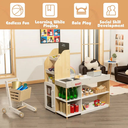 Kids Wooden Grocery Store Playset with Cart for Pretend Supermarket Fun - Oasis Home Essentials