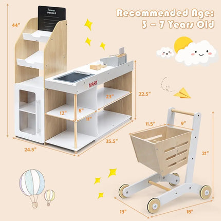 Kids Wooden Grocery Store Playset with Cart for Pretend Supermarket Fun - Oasis Home Essentials