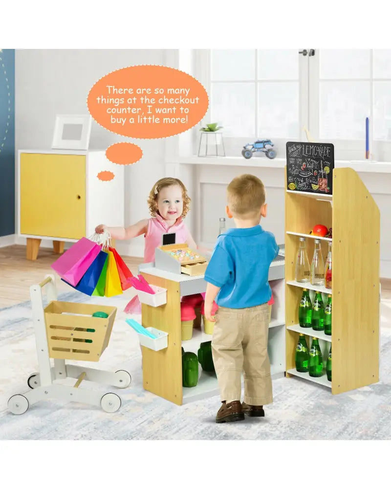 Kids Wooden Grocery Store Playset with Cart for Pretend Supermarket Fun - Natural - Play Kitchen Sets