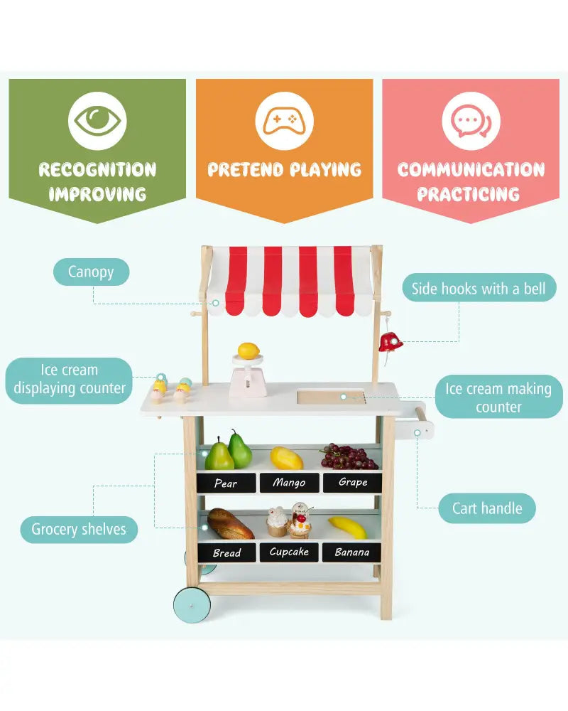 Kids Wooden Ice Cream Cart with Chalkboard and Storage - Red - Play Kitchen Sets