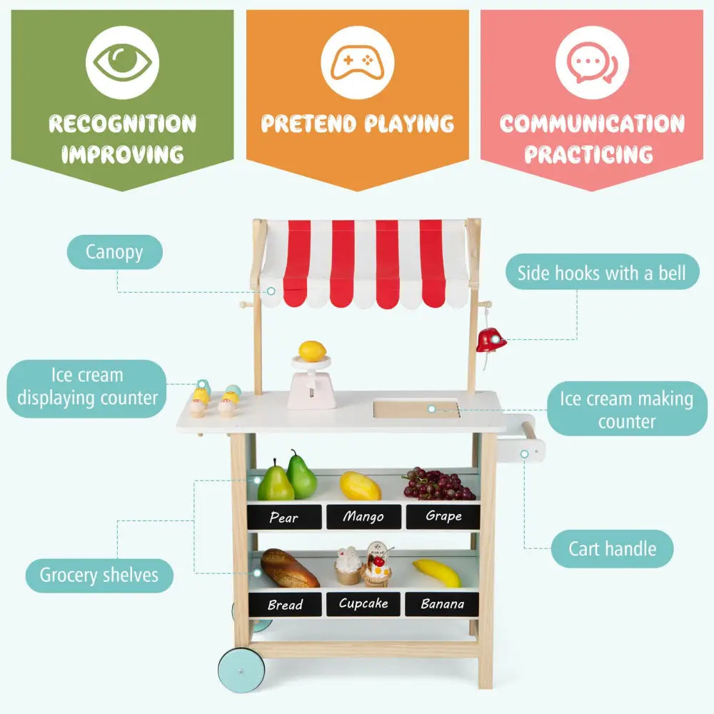 Kids Wooden Ice Cream Cart with Chalkboard and Storage - Red - Play Kitchen Sets