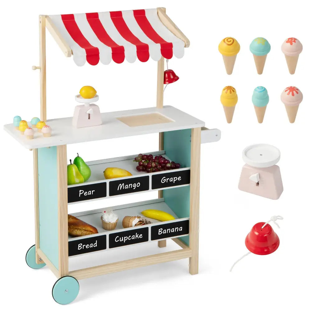 Kids Wooden Ice Cream Cart with Chalkboard and Storage - Red - Play Kitchen Sets