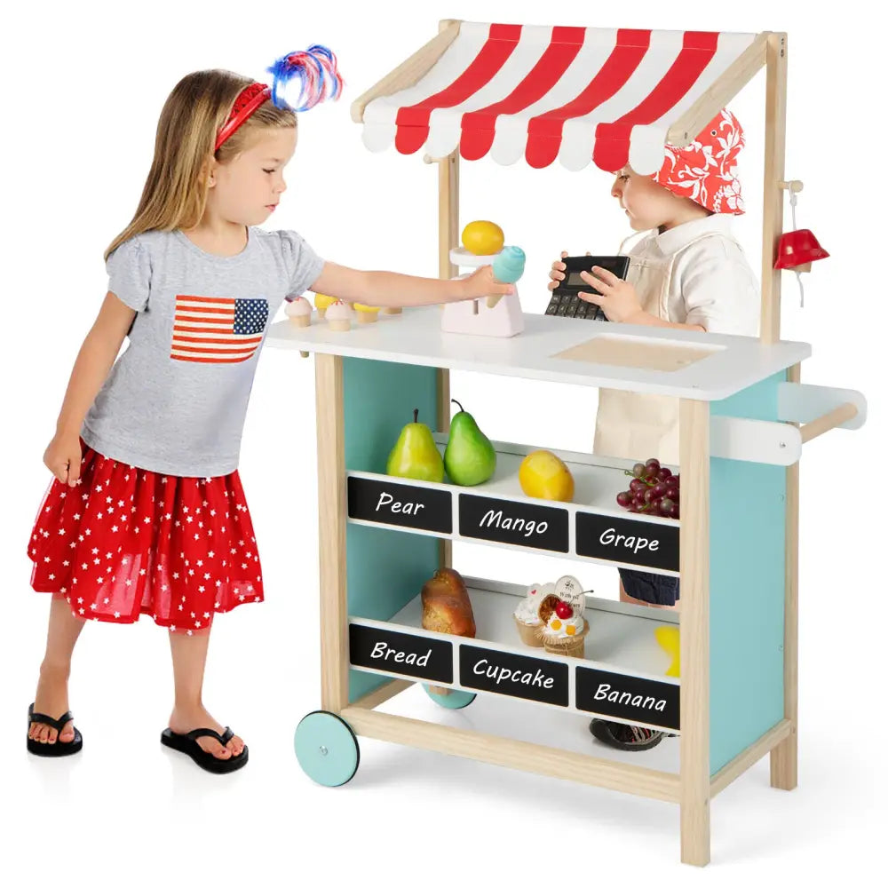 Kids Wooden Ice Cream Cart with Chalkboard and Storage - Red - Play Kitchen Sets