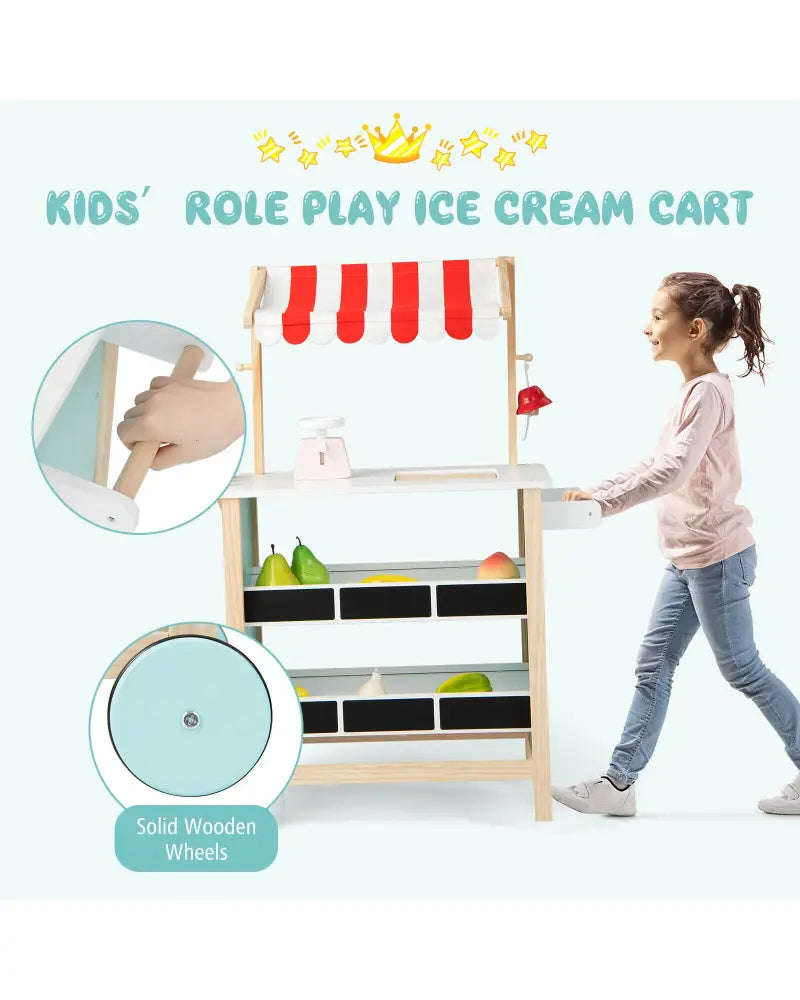 Kids Wooden Ice Cream Cart with Chalkboard and Storage - Red - Play Kitchen Sets