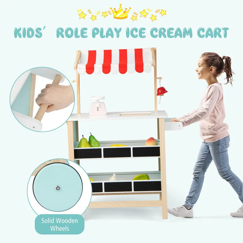 Kids Wooden Ice Cream Cart with Chalkboard and Storage - Red - Play Kitchen Sets