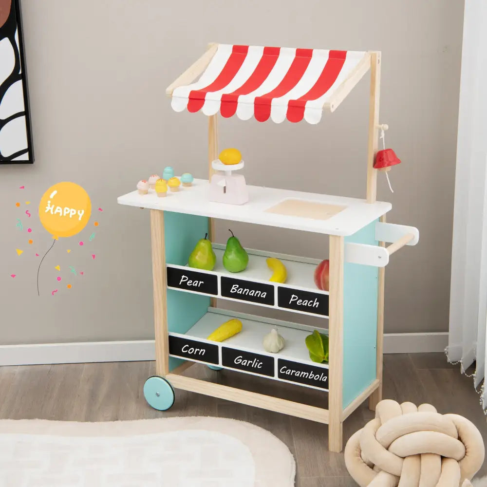 Kids Wooden Ice Cream Cart with Chalkboard and Storage - Red - Play Kitchen Sets