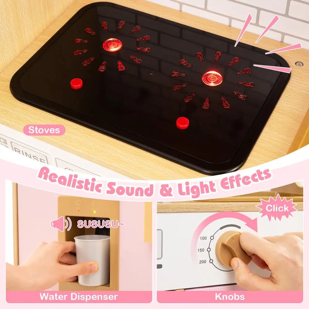 Kids Wooden Kitchen Playset with Realistic Lights and Sounds-Pink - Pink - Play Kitchen Sets