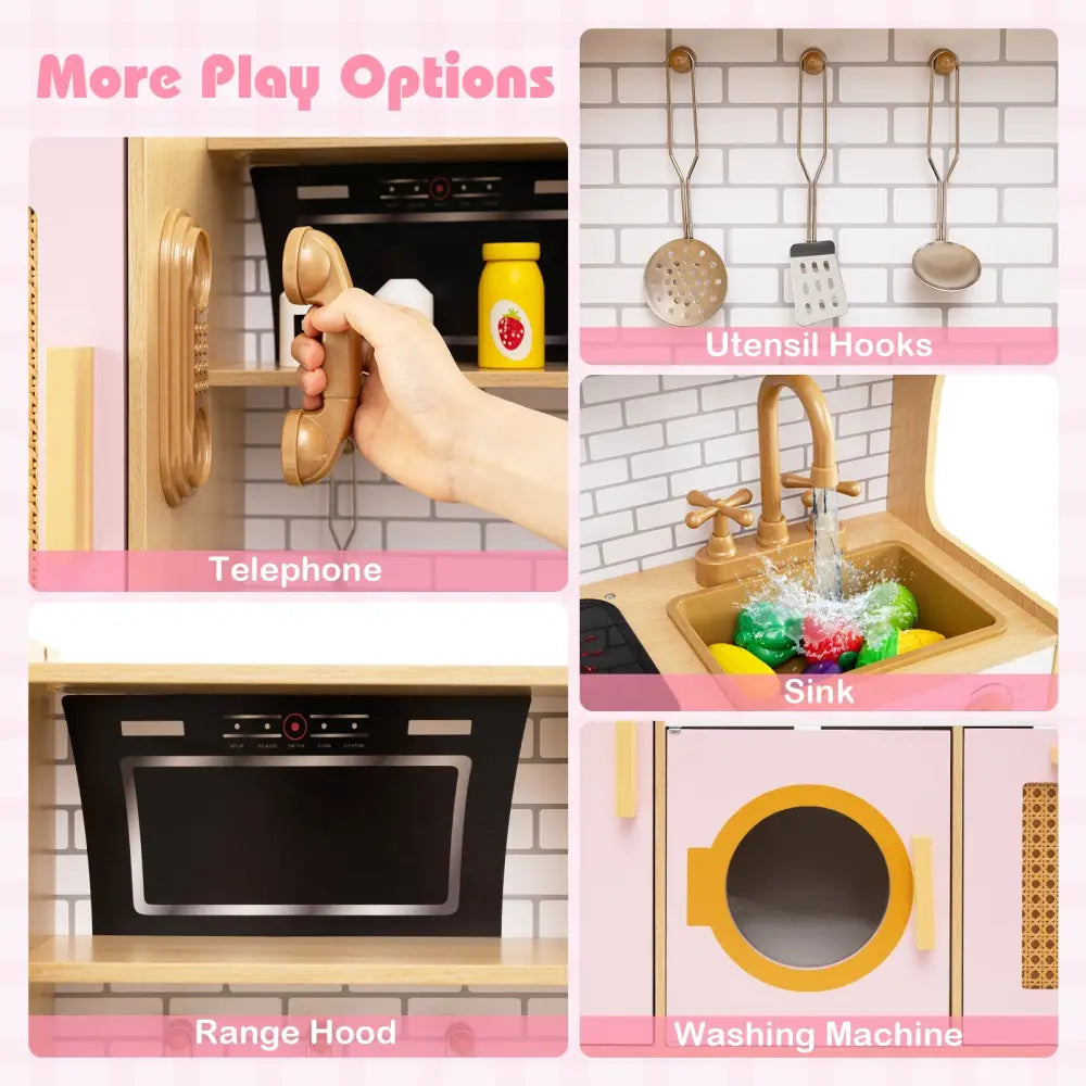Kids Wooden Kitchen Playset with Realistic Lights and Sounds-Pink - Pink - Play Kitchen Sets