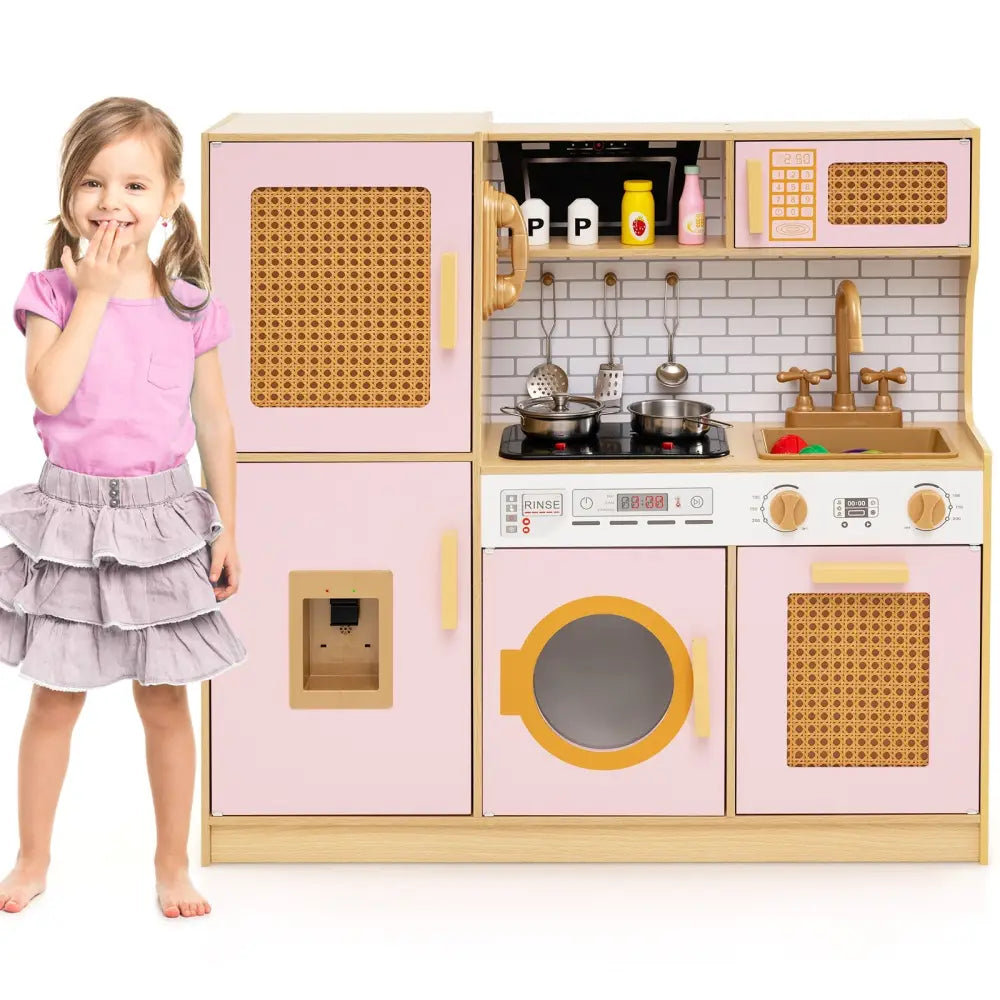 Kids Wooden Kitchen Playset with Realistic Lights and Sounds-Pink - Pink - Play Kitchen Sets
