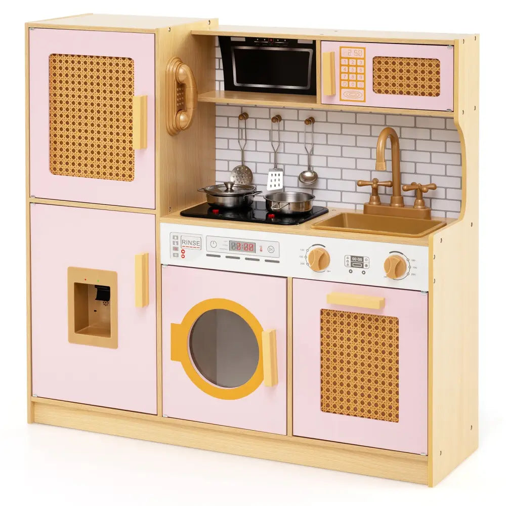 Kids Wooden Kitchen Playset with Realistic Lights and Sounds-Pink - Pink - Play Kitchen Sets