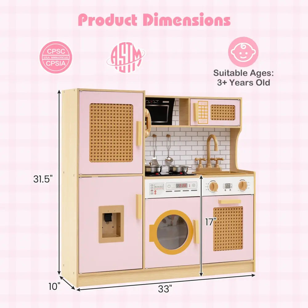 Kids Wooden Kitchen Playset with Realistic Lights and Sounds-Pink - Pink - Play Kitchen Sets