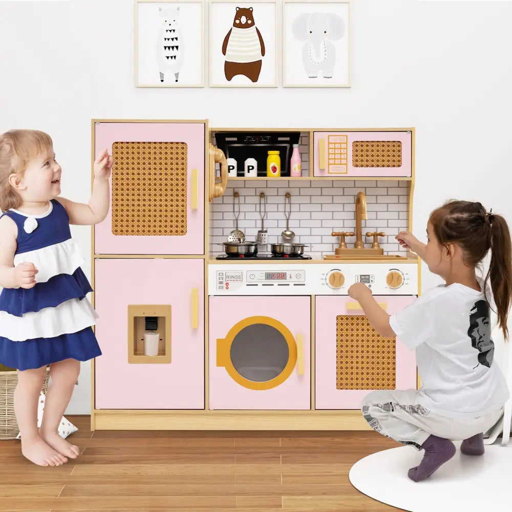 Kids Wooden Kitchen Playset with Realistic Lights and Sounds-Pink - Pink - Play Kitchen Sets