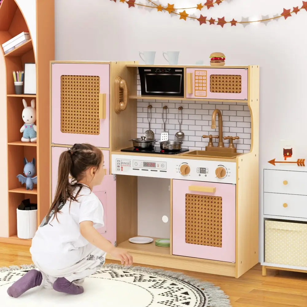 Kids Wooden Kitchen Playset with Realistic Lights and Sounds-Pink - Pink - Play Kitchen Sets
