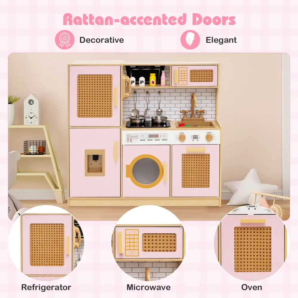 Kids Wooden Kitchen Playset with Realistic Lights and Sounds-Pink - Pink - Play Kitchen Sets