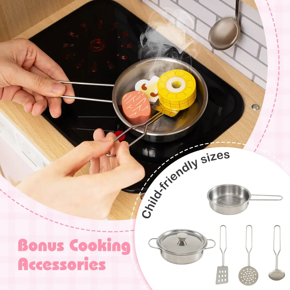 Kids Wooden Kitchen Playset with Realistic Lights and Sounds-Pink - Pink - Play Kitchen Sets