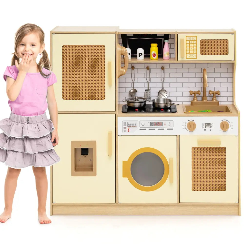 Kids Wooden Kitchen Playset with Realistic Lights and Sounds-Yellow - Yellow - Play Kitchen Sets