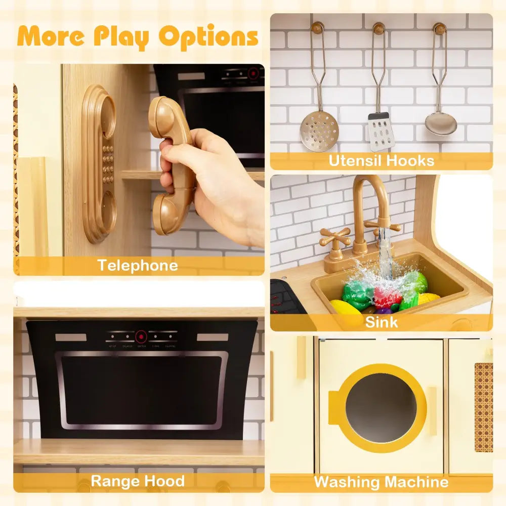 Kids Wooden Kitchen Playset with Realistic Lights and Sounds-Yellow - Yellow - Play Kitchen Sets