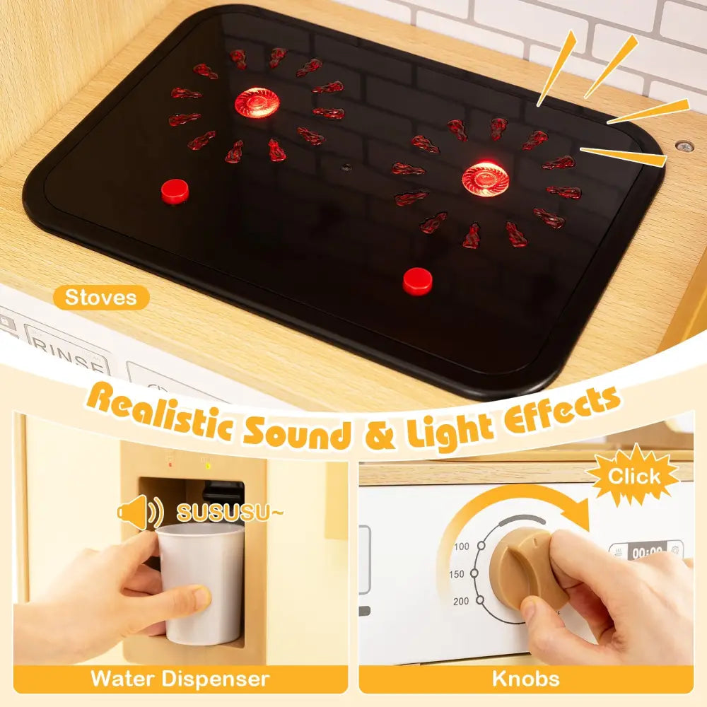 Kids Wooden Kitchen Playset with Realistic Lights and Sounds-Yellow - Yellow - Play Kitchen Sets