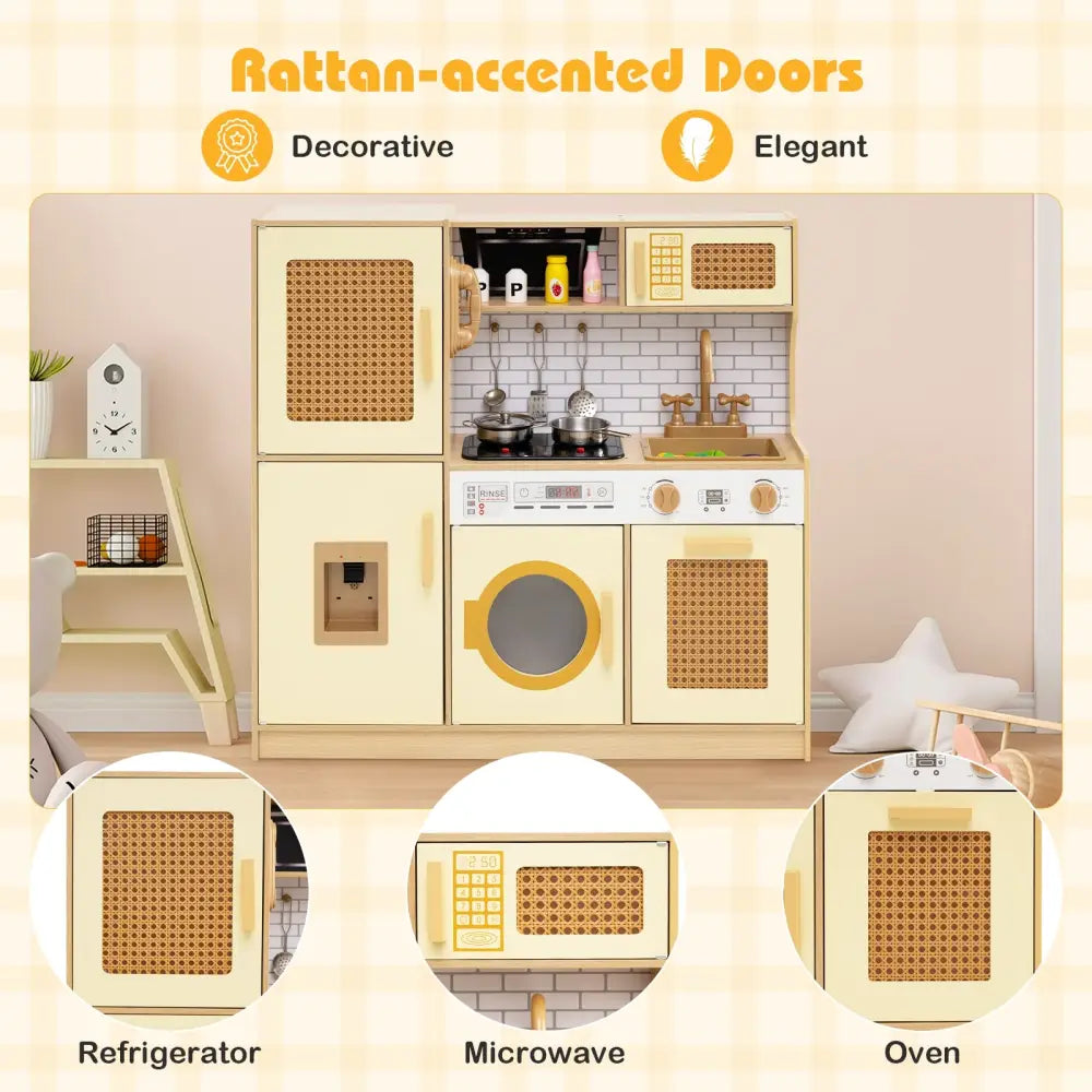 Kids Wooden Kitchen Playset with Realistic Lights and Sounds-Yellow - Yellow - Play Kitchen Sets