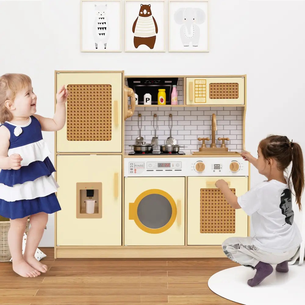 Kids Wooden Kitchen Playset with Realistic Lights and Sounds-Yellow - Yellow - Play Kitchen Sets