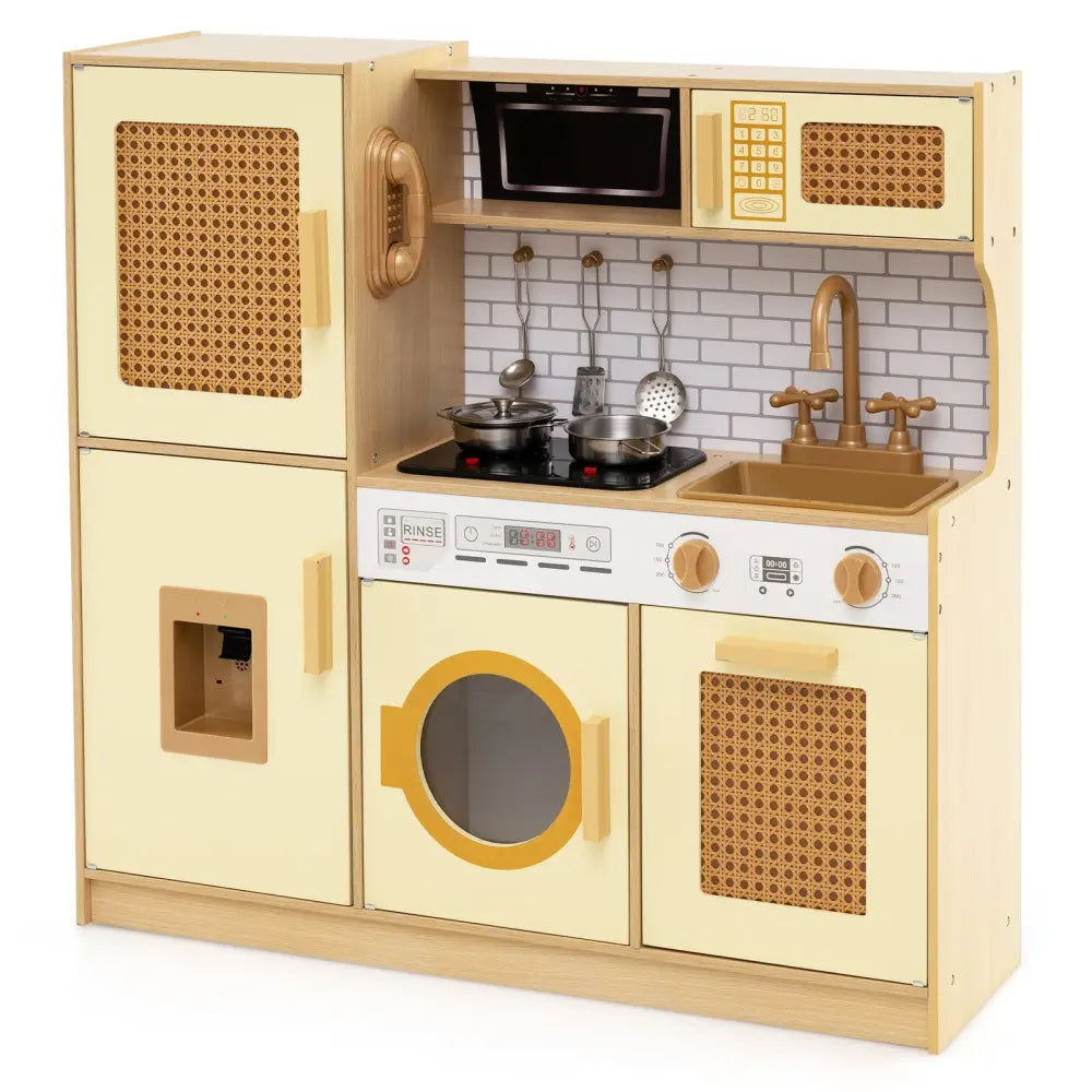 Kids Wooden Kitchen Playset with Realistic Lights and Sounds-Yellow - Yellow - Play Kitchen Sets