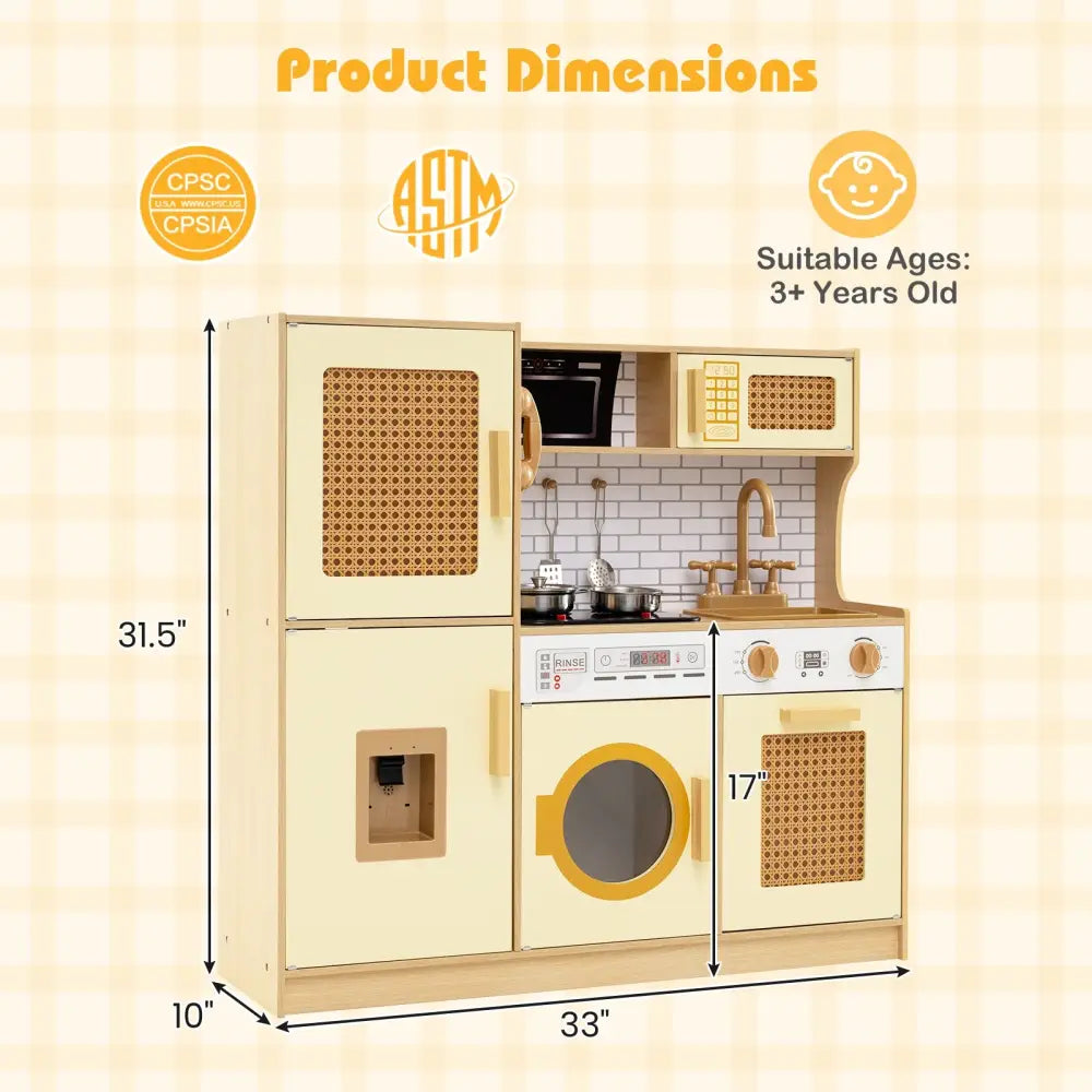 Kids Wooden Kitchen Playset with Realistic Lights and Sounds-Yellow - Yellow - Play Kitchen Sets