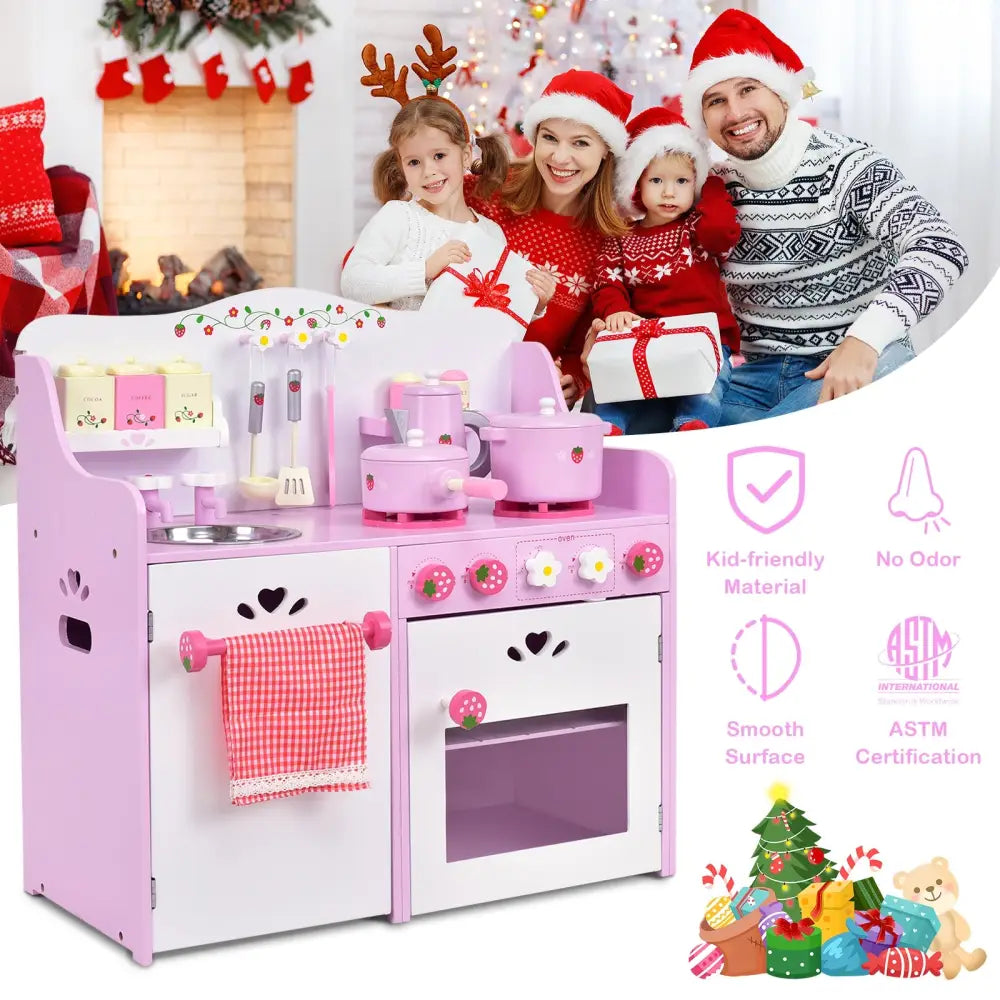 Kids Wooden Kitchen Toy Strawberry Pretend Cooking Playset - Play Kitchen Sets