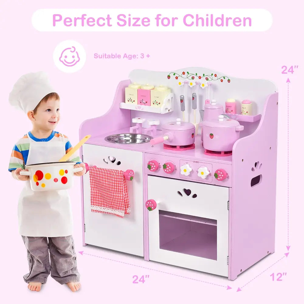 Kids Wooden Kitchen Toy Strawberry Pretend Cooking Playset - Play Kitchen Sets