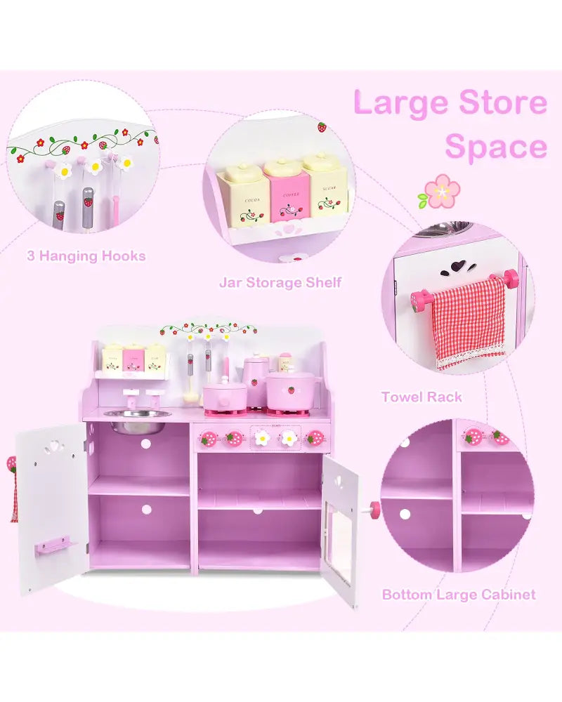 Kids Wooden Kitchen Toy Strawberry Pretend Cooking Playset - Play Kitchen Sets