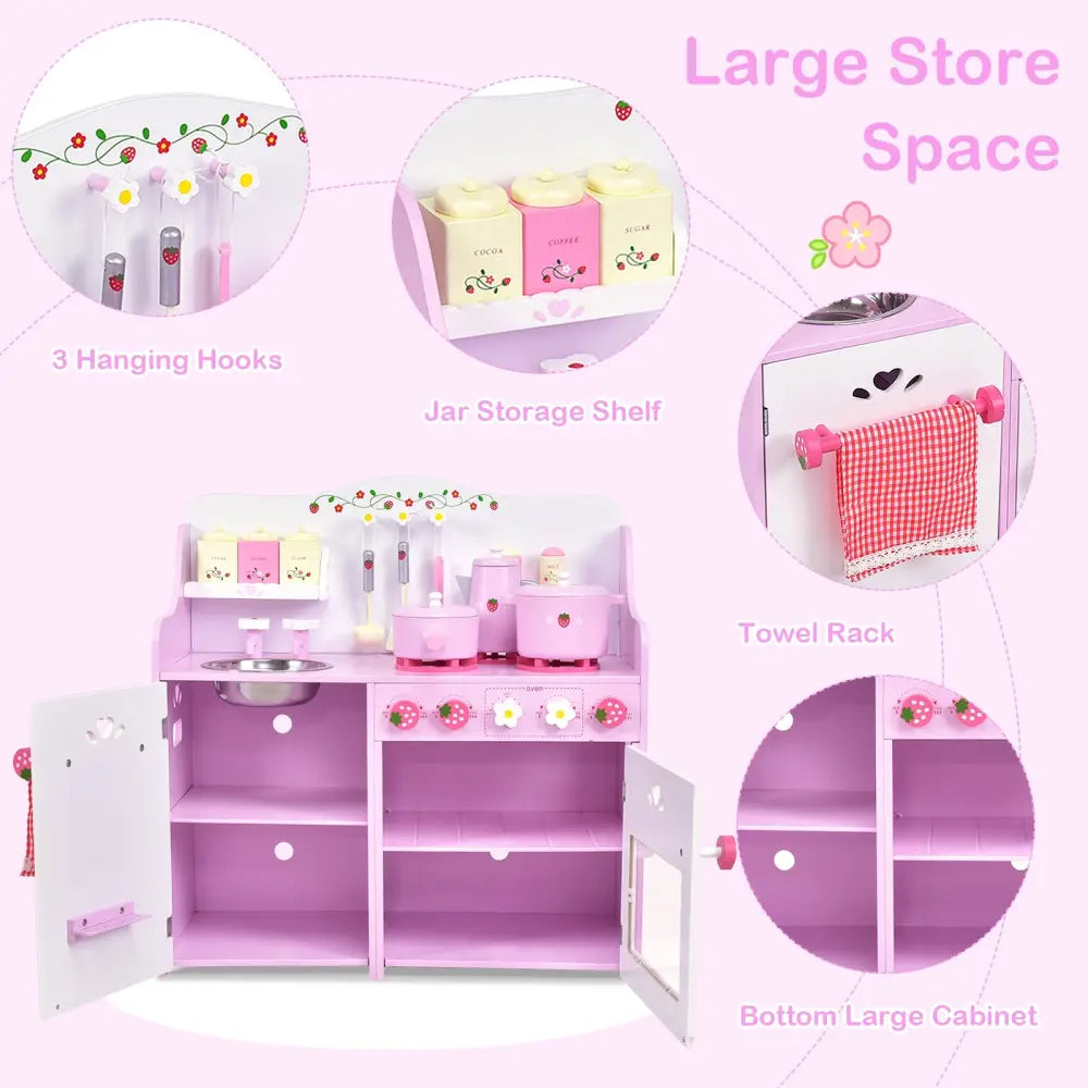 Kids Wooden Kitchen Toy Strawberry Pretend Cooking Playset - Play Kitchen Sets
