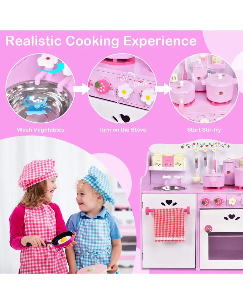 Kids Wooden Kitchen Toy Strawberry Pretend Cooking Playset - Play Kitchen Sets