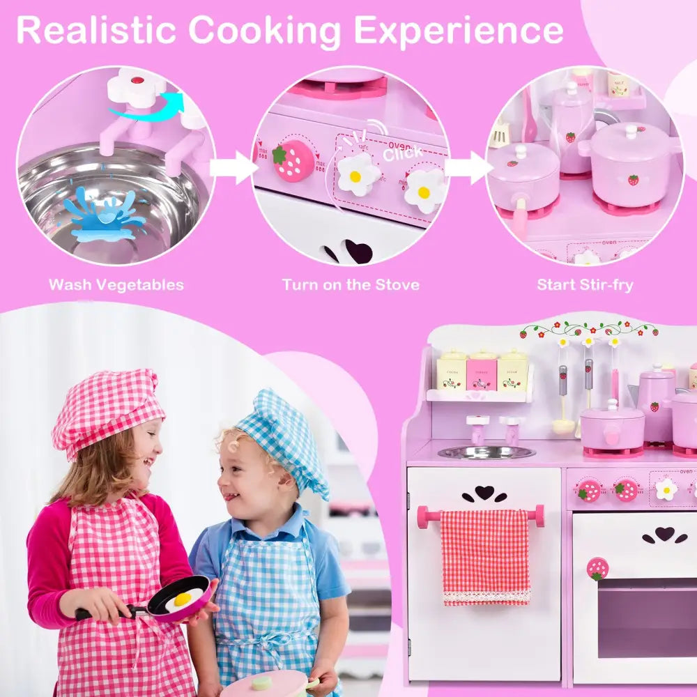 Kids Wooden Kitchen Toy Strawberry Pretend Cooking Playset - Play Kitchen Sets