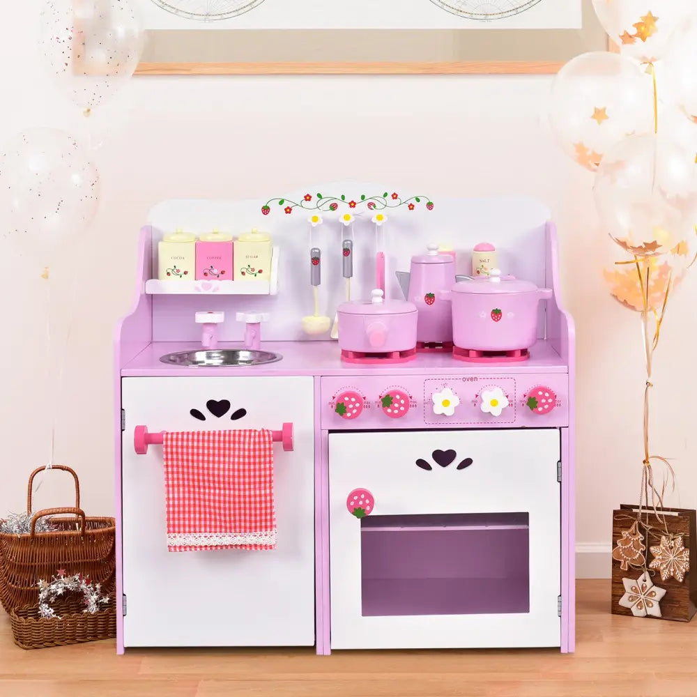Kids Wooden Kitchen Toy Strawberry Pretend Cooking Playset - Play Kitchen Sets