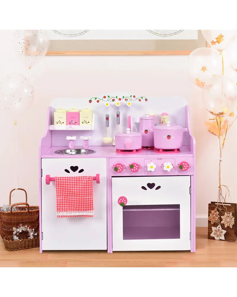 Kids Wooden Kitchen Toy Strawberry Pretend Cooking Playset - Play Kitchen Sets